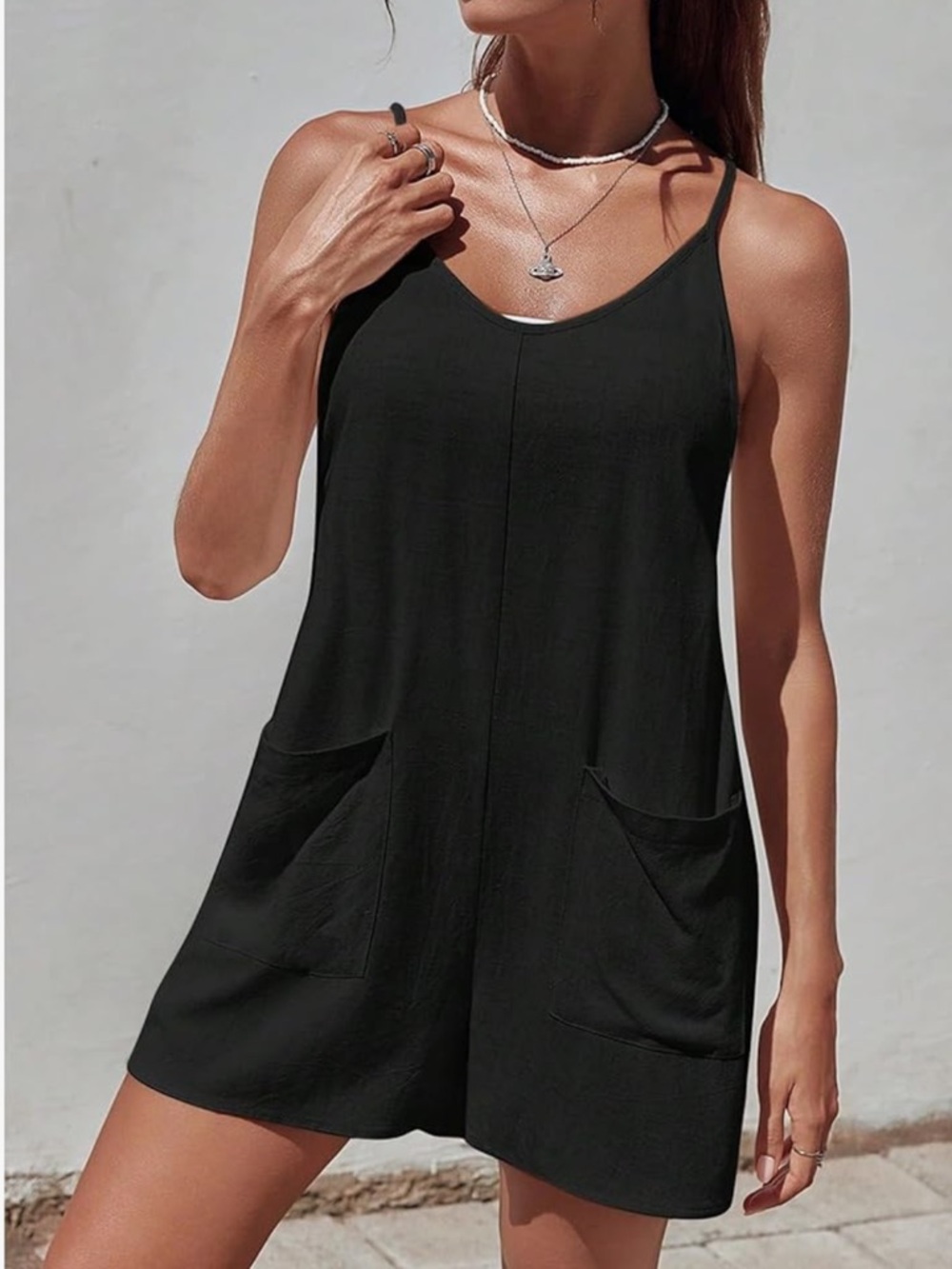 Linen Viscose Black Sleeveless Pocket Romper